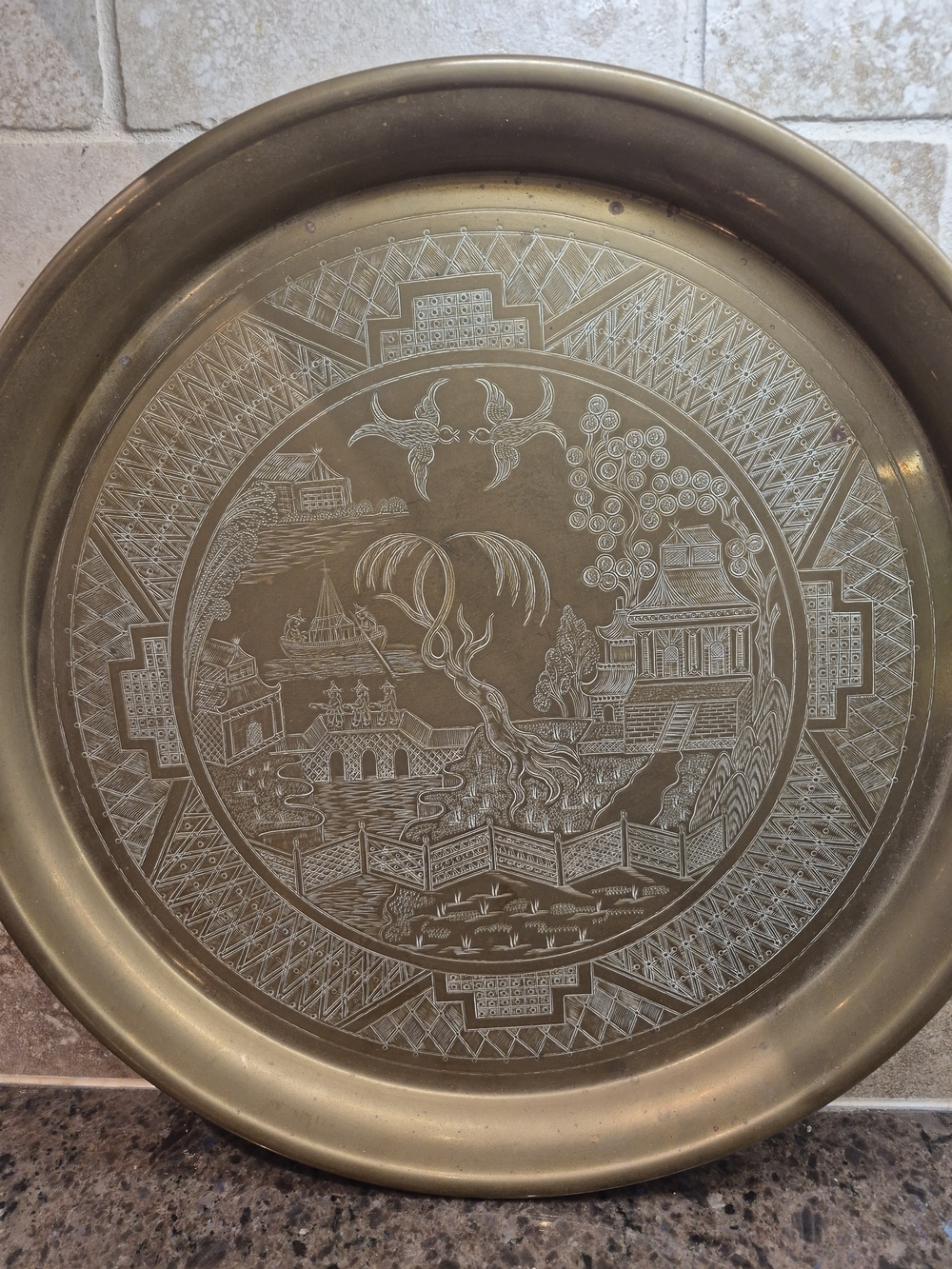 Brass Charger Tray Platter Vintage England Etched Feudal Japan Scenery Shrine